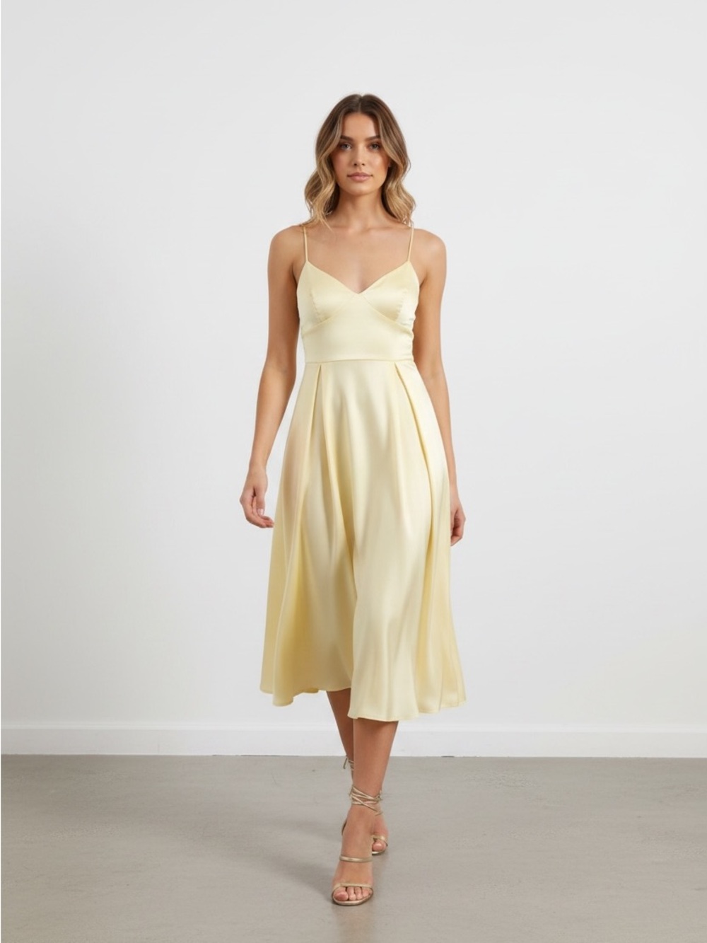 Elegant Pale Yellow Midi Dress with Spaghetti Straps